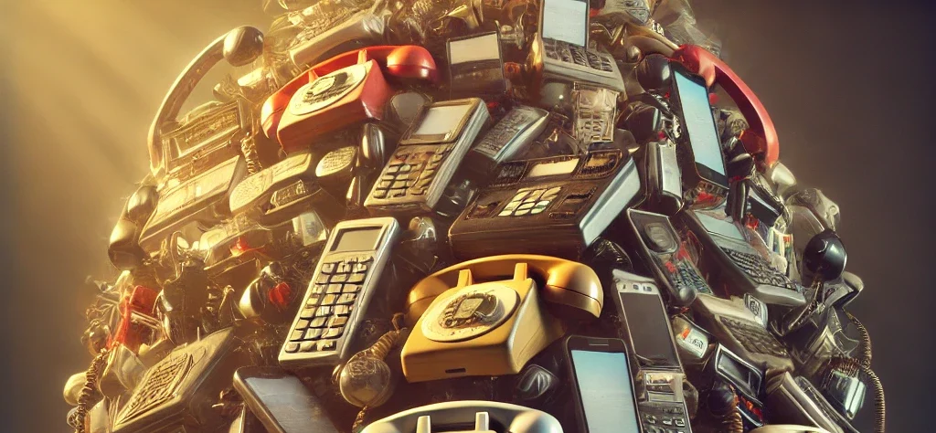 A surreal image depicting a massive pile of telephones, both modern smartphones and vintage rotary phones, stacked chaotically.