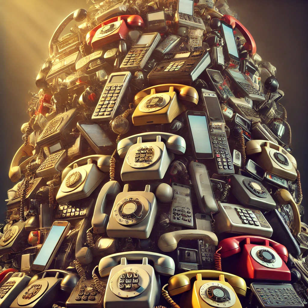A surreal image depicting a massive pile of telephones, both modern smartphones and vintage rotary phones, stacked chaotically.